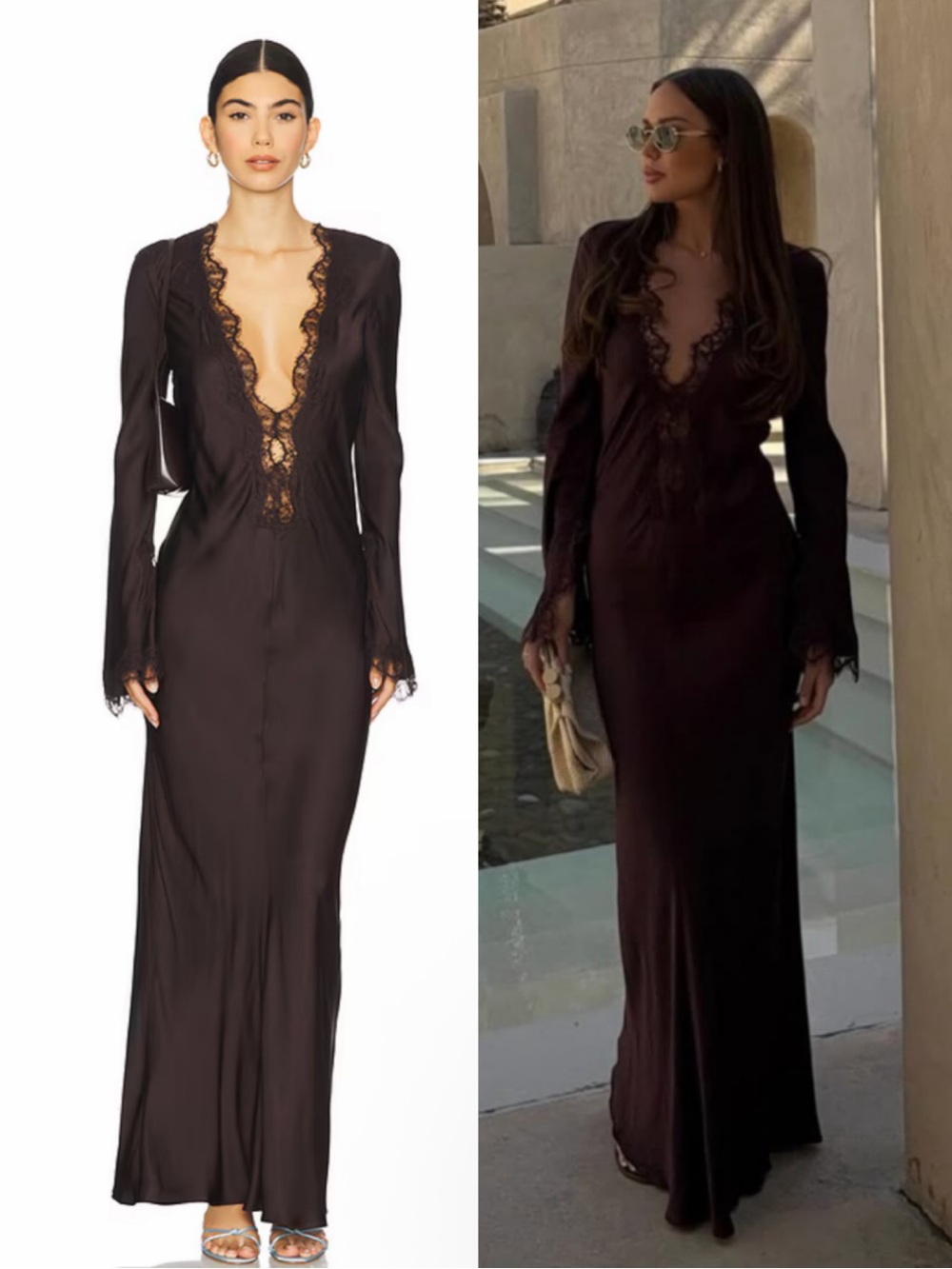 Shona Joy Allegra Lace Plunged Maxi Dress in Espresso Size US 2